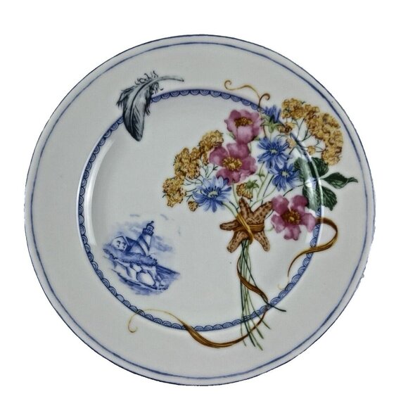 222 Fifth 8" Appetizer Plate Beachcomber Lighthouse Feather Seashells Flowers - Picture 1 of 6